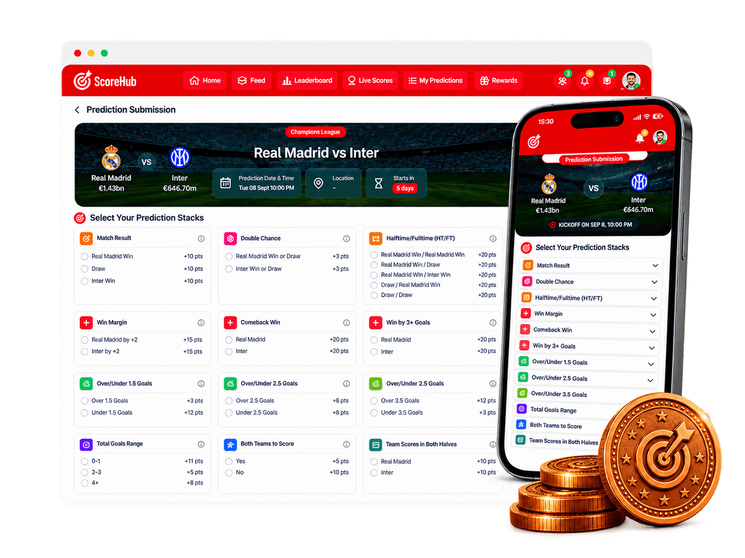Envío de predicción de ScoreHub en escritorio y móvil