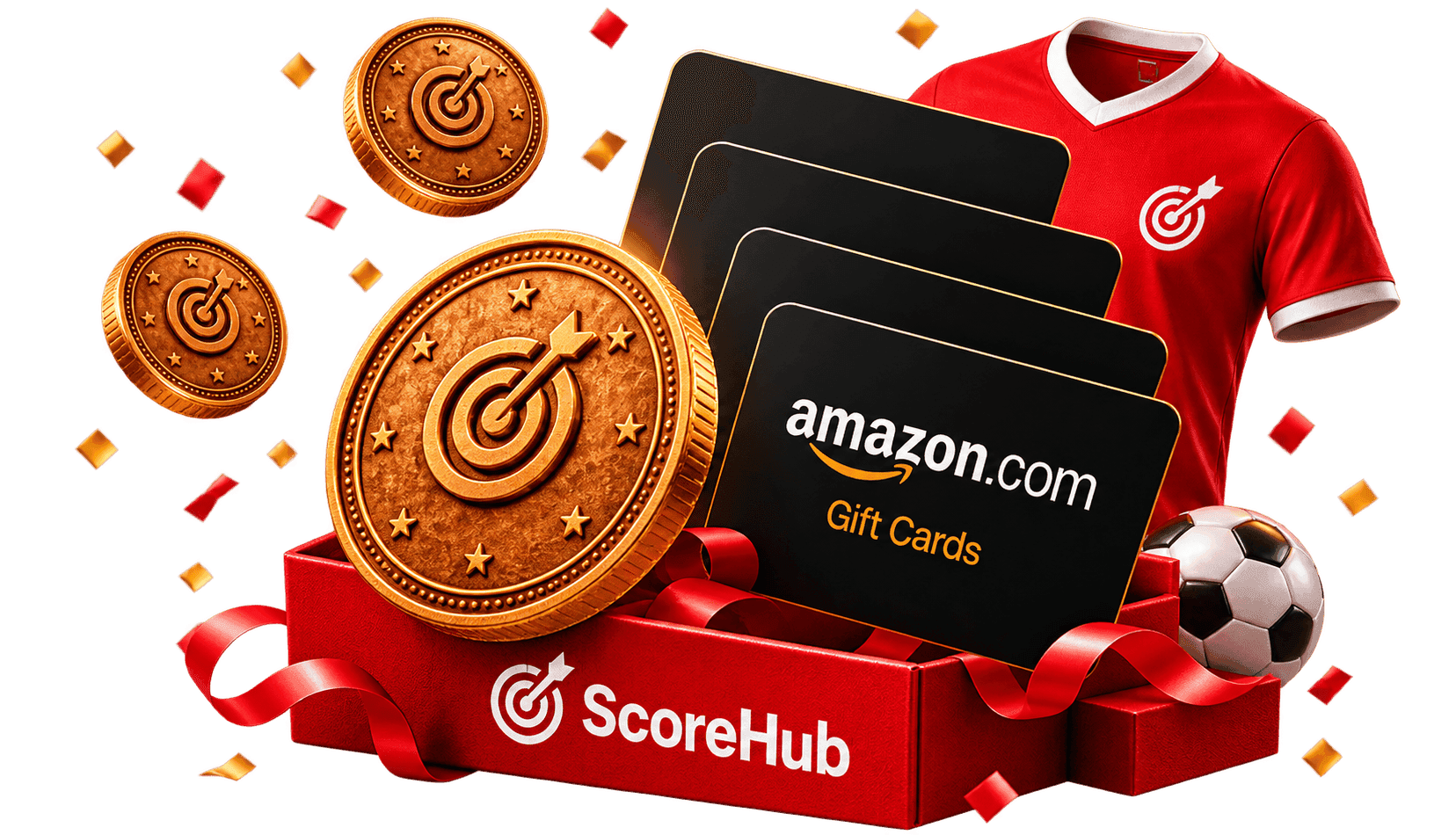 ScoreHub rewards including tokens, gift cards and a football jersey